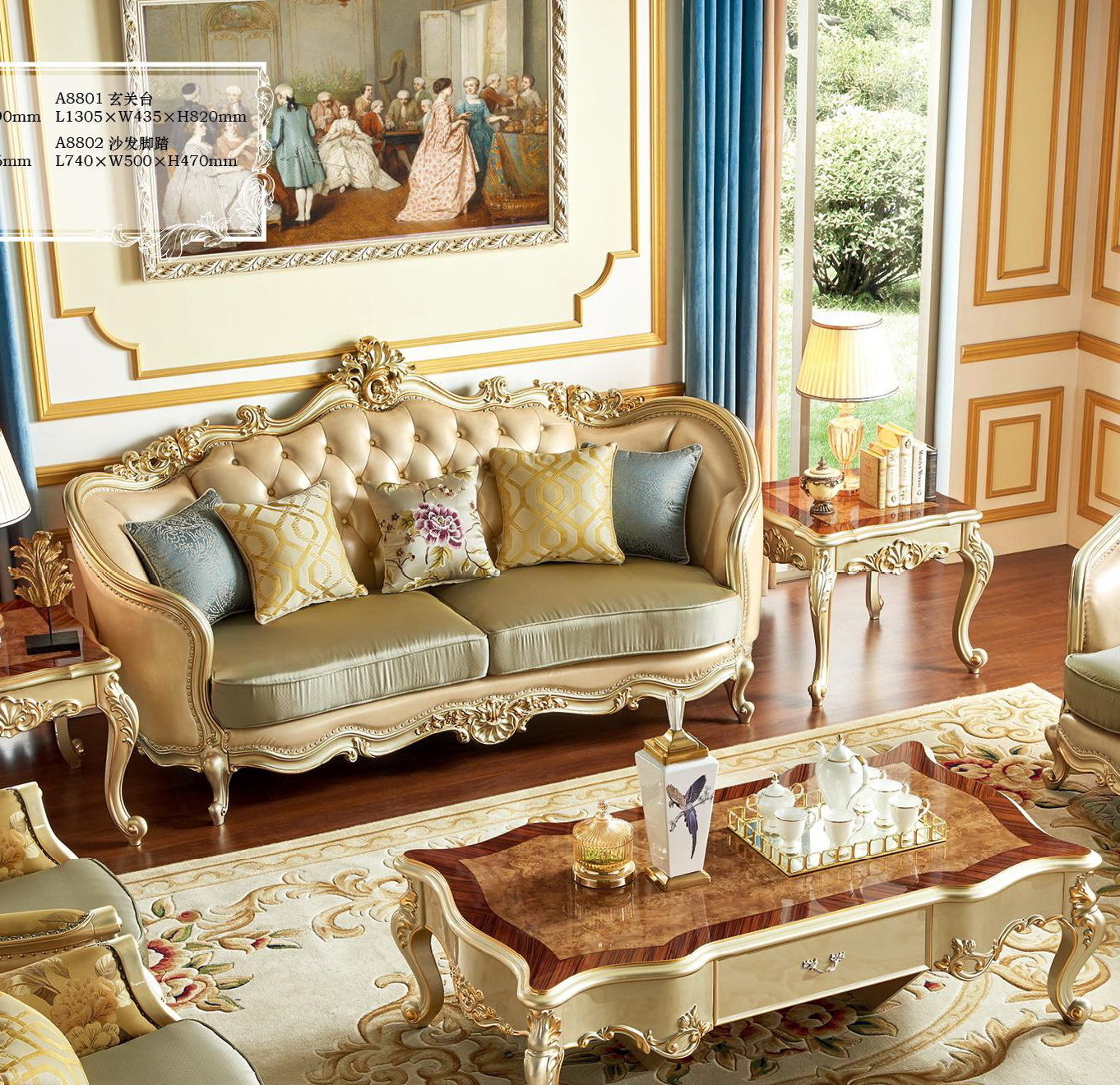 Wooden Classical European style living room furniture luxury exclusive leather sofas royal furniture classic sofa set