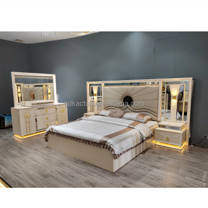 2023 luxury king size mirror headboard elegant bedroom furniture set classic luxury wooden home bedroom furniture