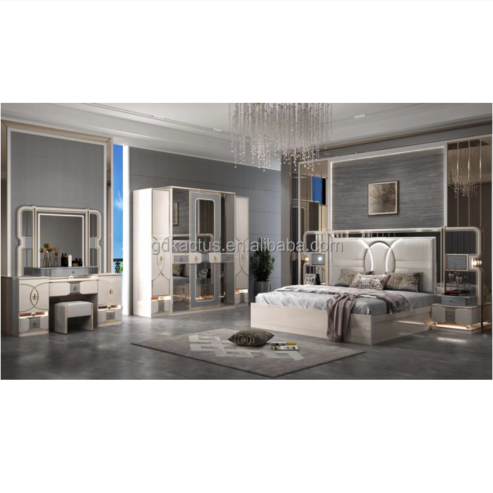 2023 romantic style mirrored bedroom furniture cheap price painted MDF mirrored glass bedroom furniture set