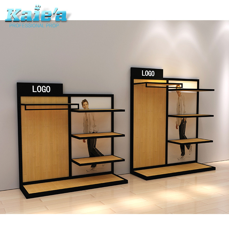 Custom clothes store wood display shelf men's clothing hanging rack display with led