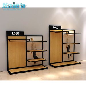 Custom clothes store wood display shelf men's clothing hanging rack display with led