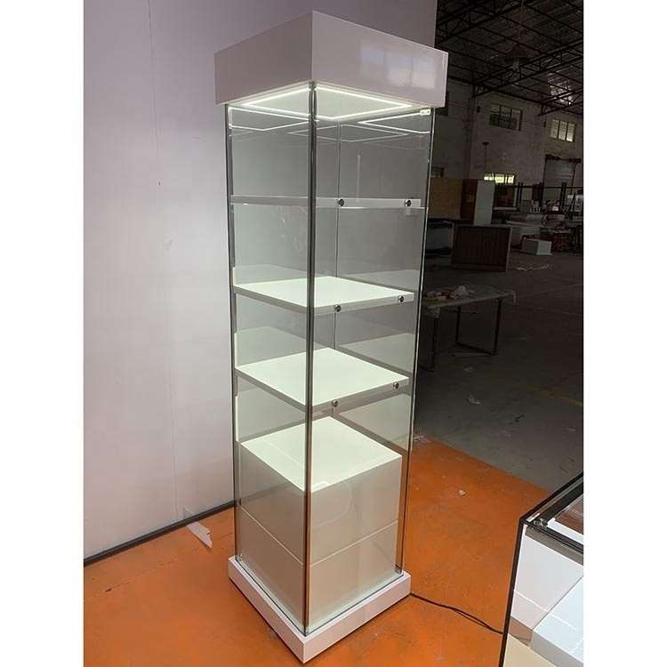 Displays Tempered Glass Curio Cabinet with 8 Halogen LightsFree-Standing Locking Hinged Doors and 4 Green Edge Glass Shelves