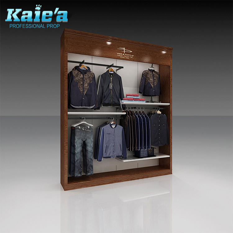 Menswear clothing store display furniture custom made wood shelves mens clothes display rack