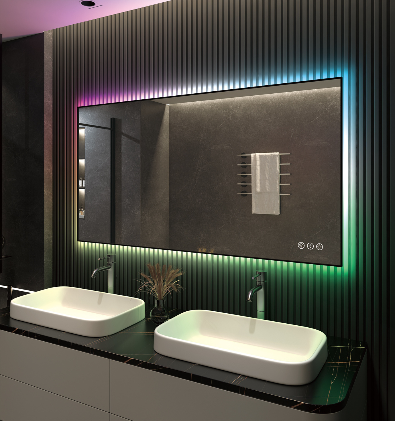 Smart Touch Screen Vanity Wall Make Up Cosmetic Mirror Square Frames Magic Led Bathroom Mirror RGB Light Custom