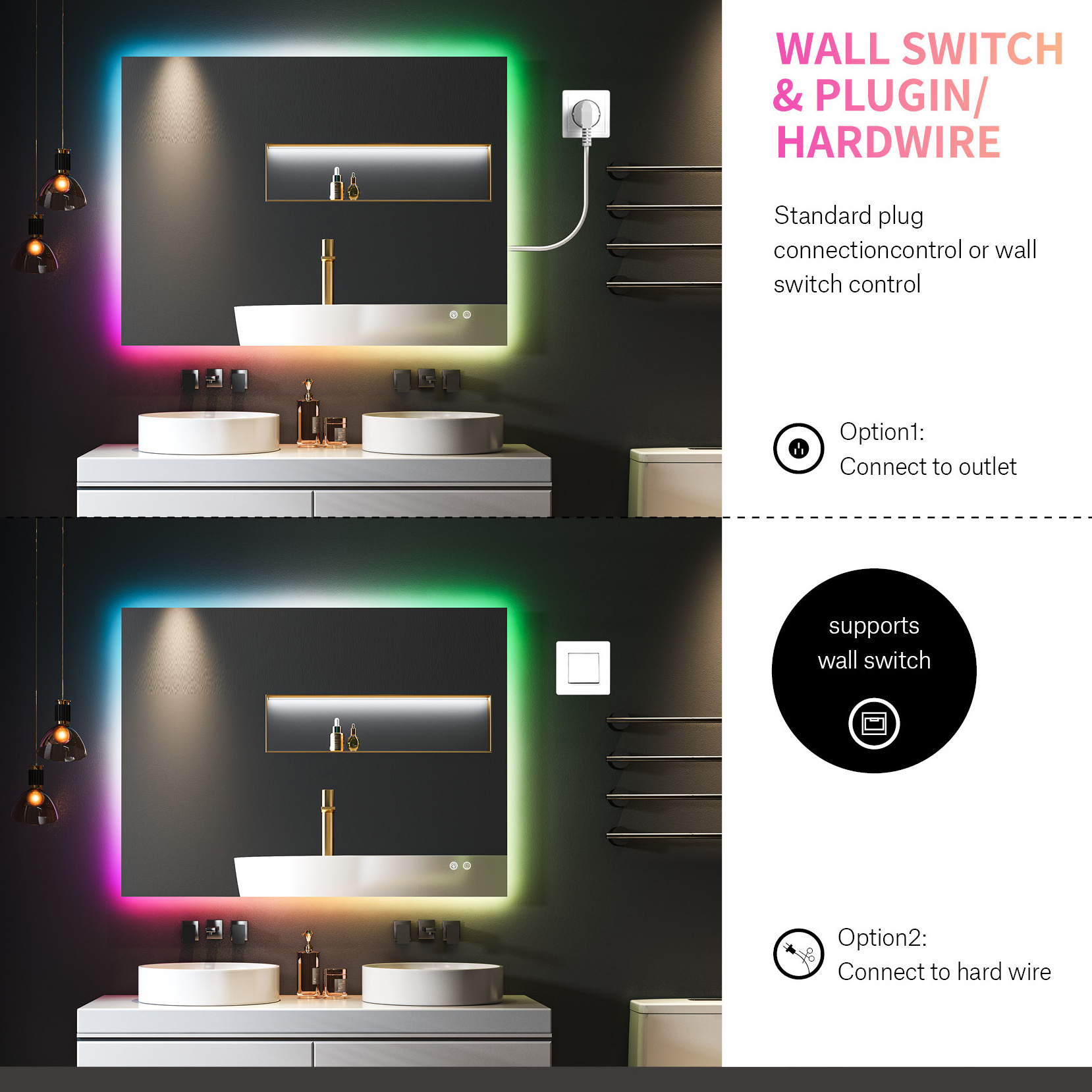 Custom Smart Touch Screen Vanity Wall Make Up Cosmetic Mirror Square Magic Led Bathroom Mirror RGB Light