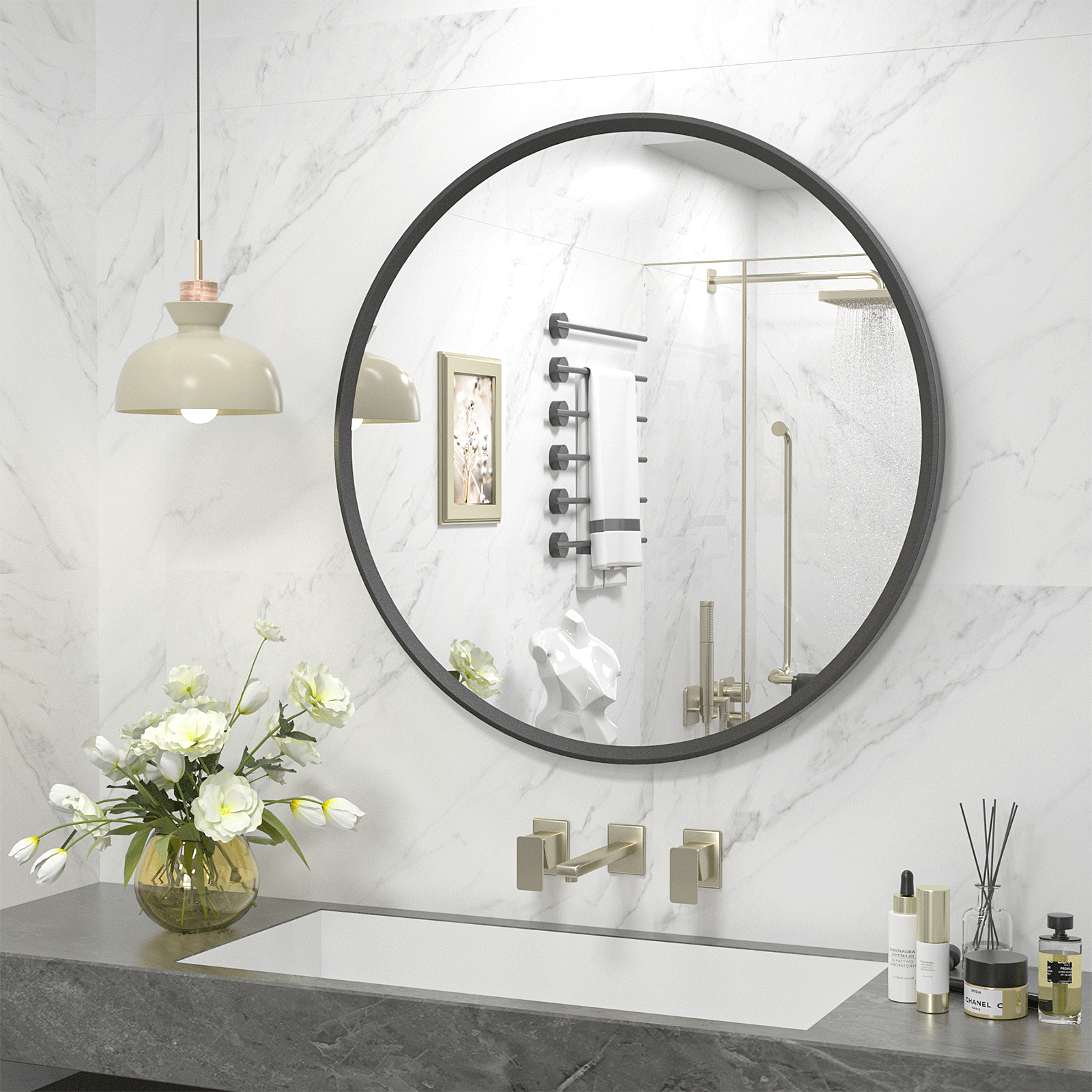 Sell large round bathroom decor silver mirror with frame wall mounted metal frame mirror decorative for living room