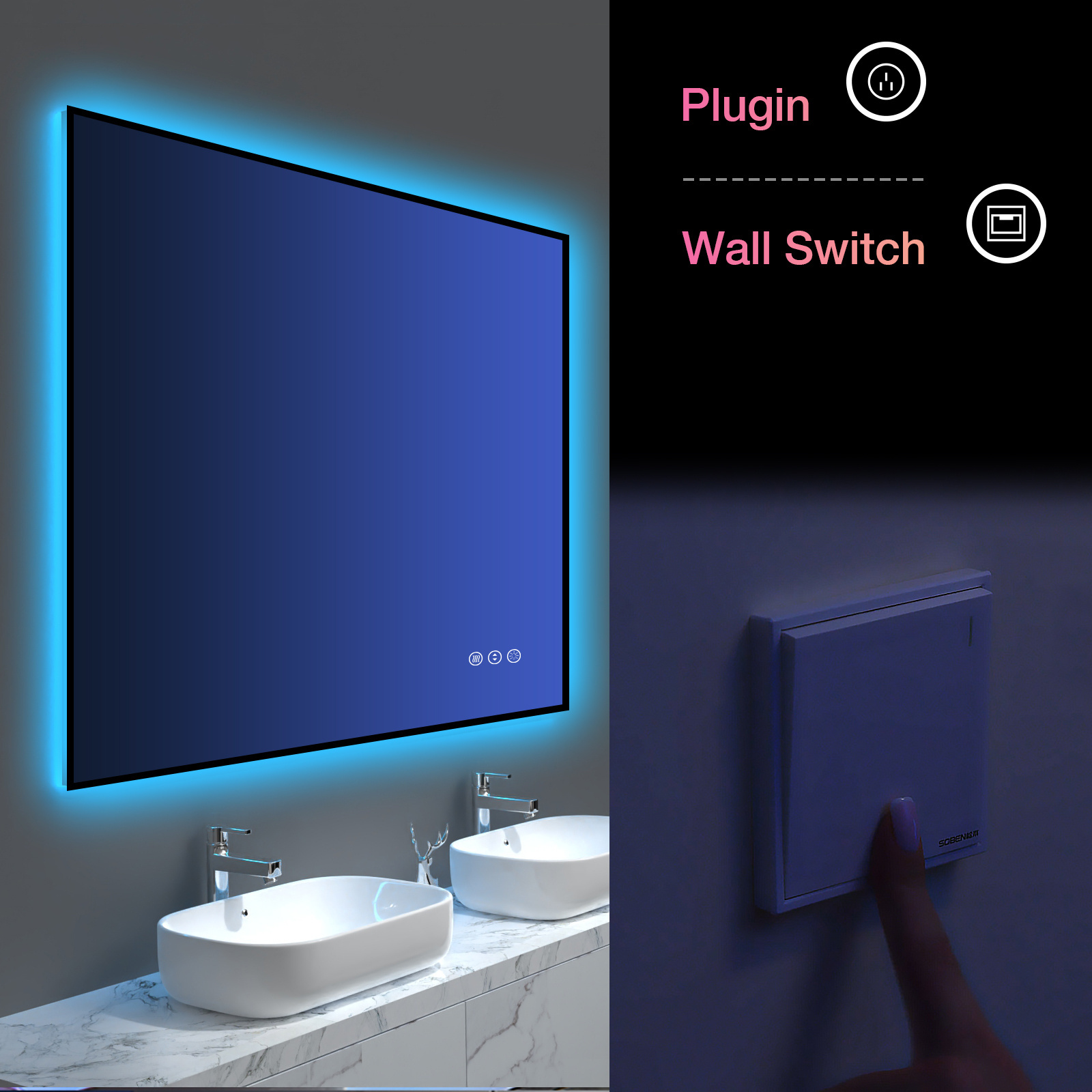 Smart Touch Screen Vanity Wall Make Up Cosmetic Mirror Square Frames Magic Led Bathroom Mirror RGB Light Custom