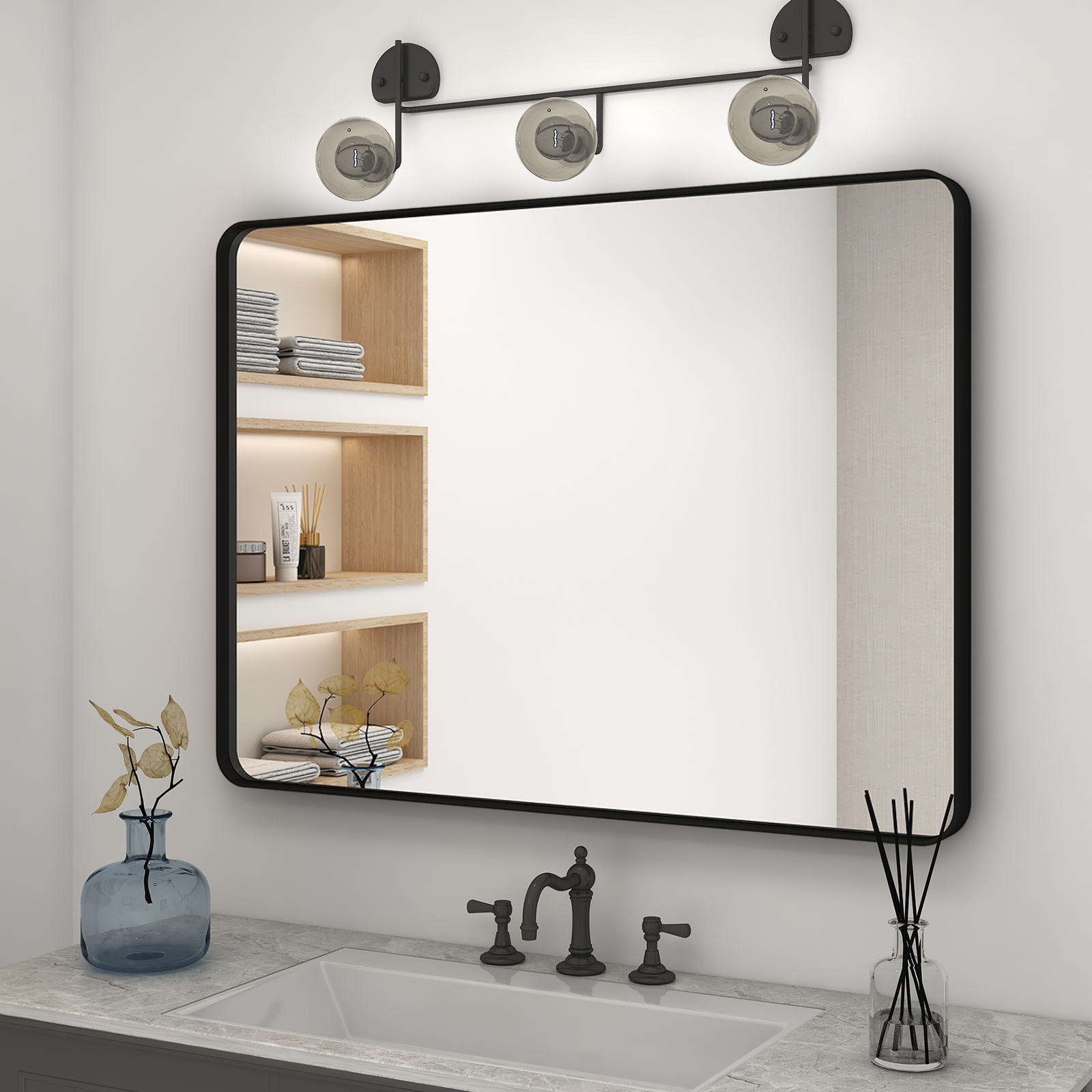 Farmhouse Home Decor Bathroom Wall Mirror Tempered Glasses Washroom Metal Frame Mirror