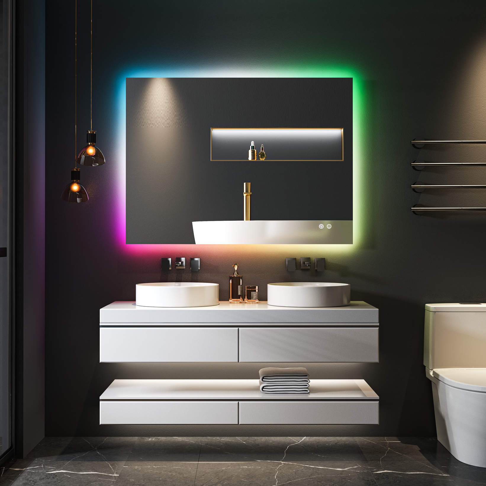 Custom Smart Touch Screen Vanity Wall Make Up Cosmetic Mirror Square Magic Led Bathroom Mirror RGB Light