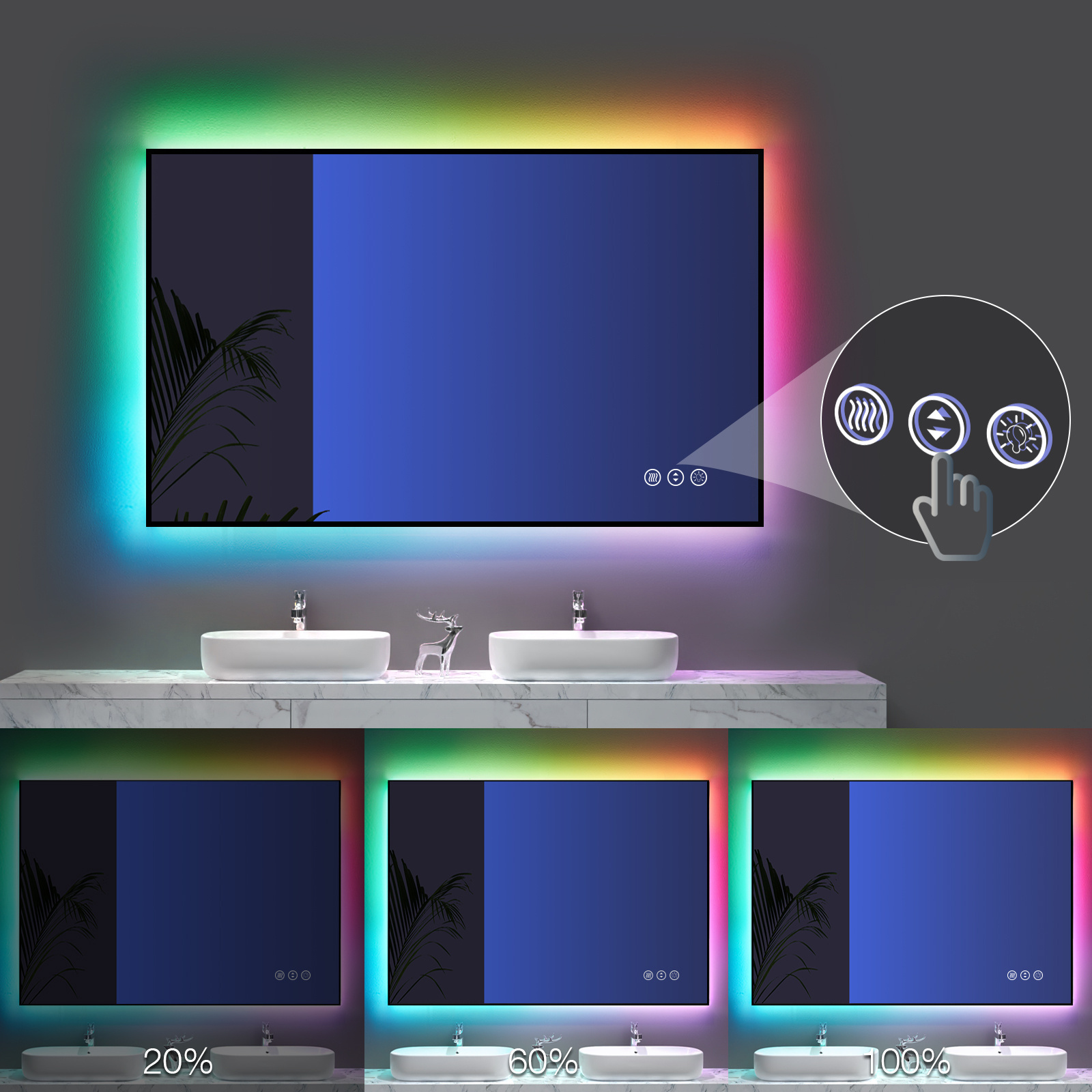 Smart Touch Screen Vanity Wall Make Up Cosmetic Mirror Square Frames Magic Led Bathroom Mirror RGB Light Custom