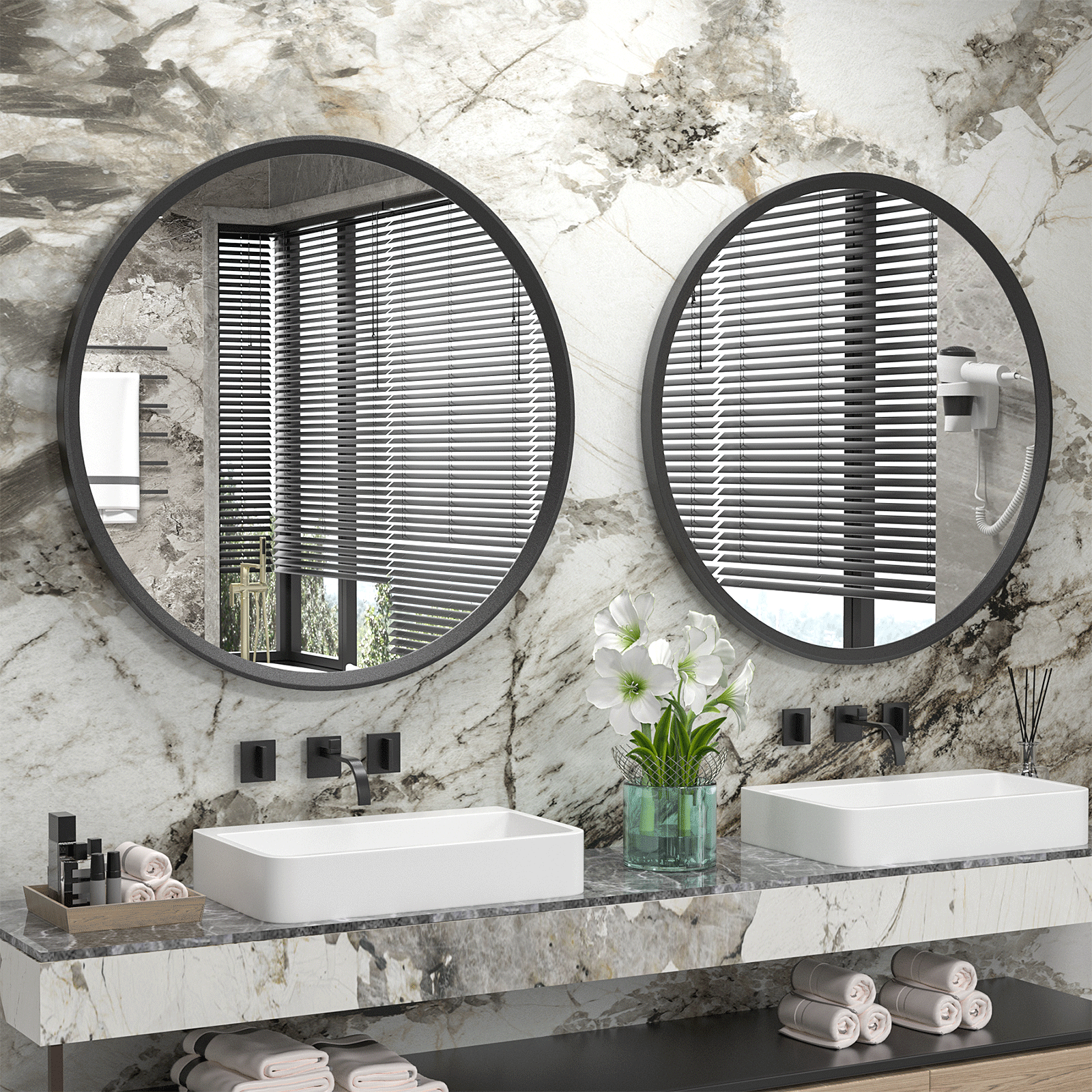 Sell large round bathroom decor silver mirror with frame wall mounted metal frame mirror decorative for living room