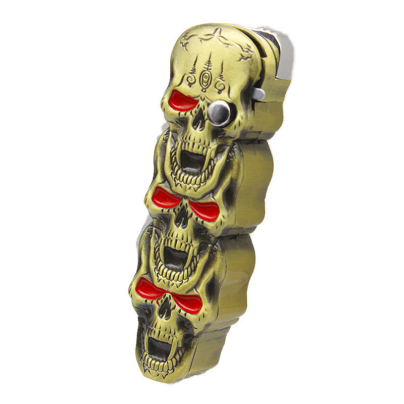 Three Skull Head Creative Windproof Butane Lighter,Red Fire Refillable Cigarette Lighter With Knife