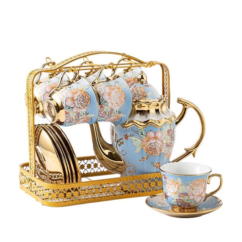 Gold Rimmed Arabic Europe English Turkish Afternoon Ceramic Coffee Tea Cup Luxury Tea Pot Set 13 Piece Set