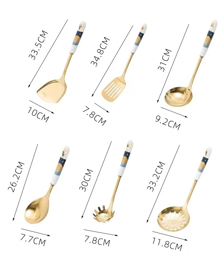 stainless steel  gold kitchen cooking non stick utensils set Creative Marble Pattern Ceramic Handle Stainless Steel Kitchenware