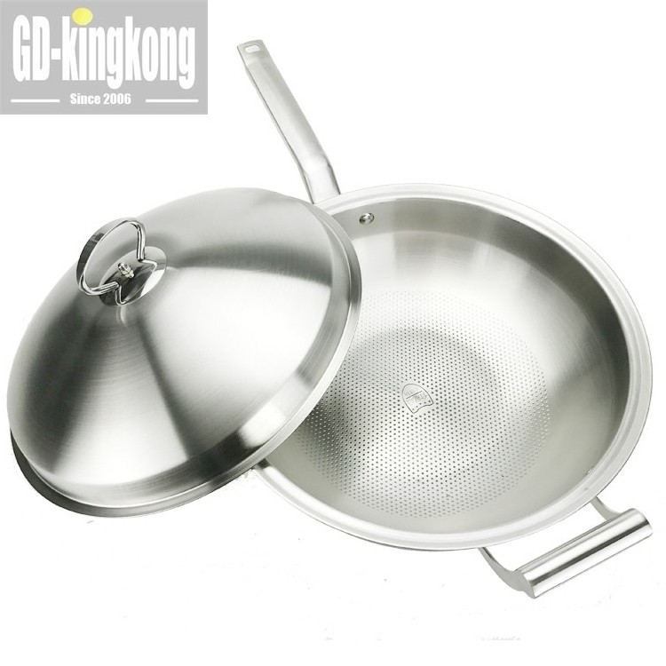 cheap 34cm korea manufacture honeycomb stainless steel 3 layer triply metal 430 Chinese wok non stick pan with capsule bottom