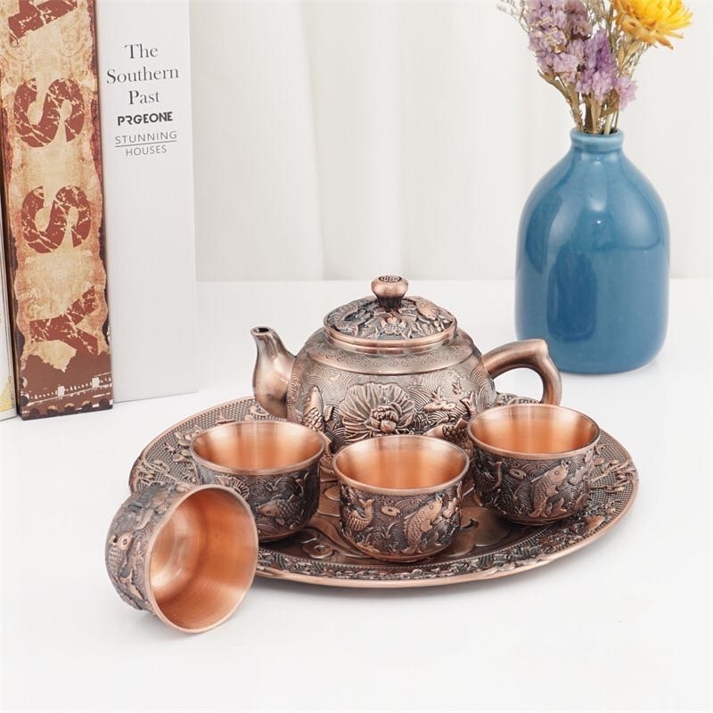 fish rose gold tea set with tray,Luxury Turkish Table Tea Set 4 Cups,Red Bronze Vintage Coffee set Wine Set Tea Pot