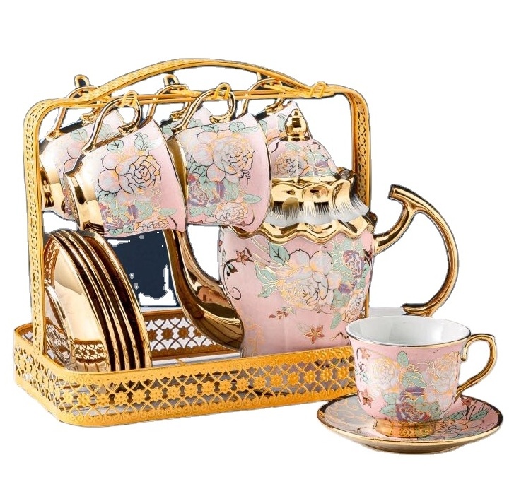 Gold Rimmed Arabic Europe English Turkish Afternoon Ceramic Coffee Tea Cup Luxury Tea Pot Set 13 Piece Set