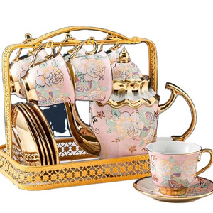 Gold Rimmed Arabic Europe English Turkish Afternoon Ceramic Coffee Tea Cup Luxury Tea Pot Set 13 Piece Set