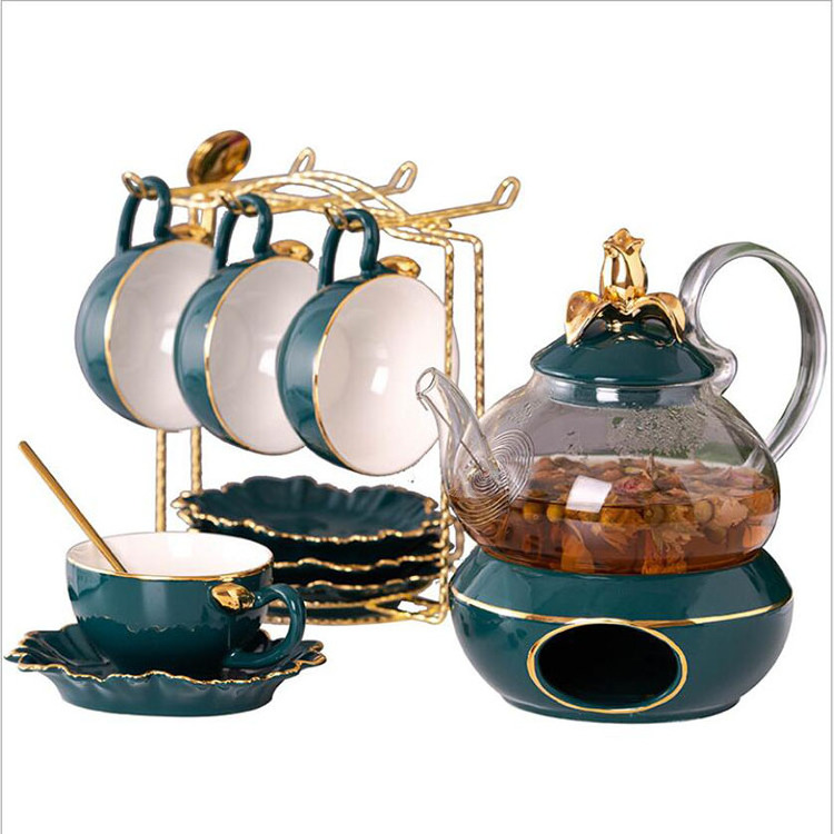 Royal Pakistan Tea set Flower design Metal ceramic porcelain arabic tea cup set with stand