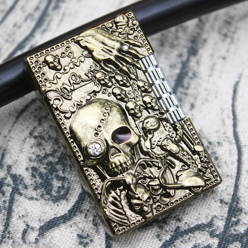 square lattice bright side grinding wheel metal fire cigarette skull refill lighter