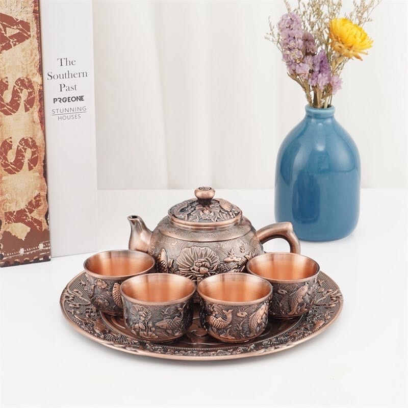 fish rose gold tea set with tray,Luxury Turkish Table Tea Set 4 Cups,Red Bronze Vintage Coffee set Wine Set Tea Pot