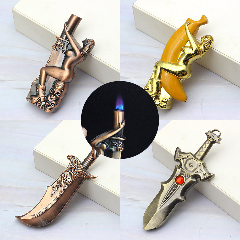 Novelty butane lighter knife and sword Model portable windproof jet flame gas cigarette lighter decorative lighters