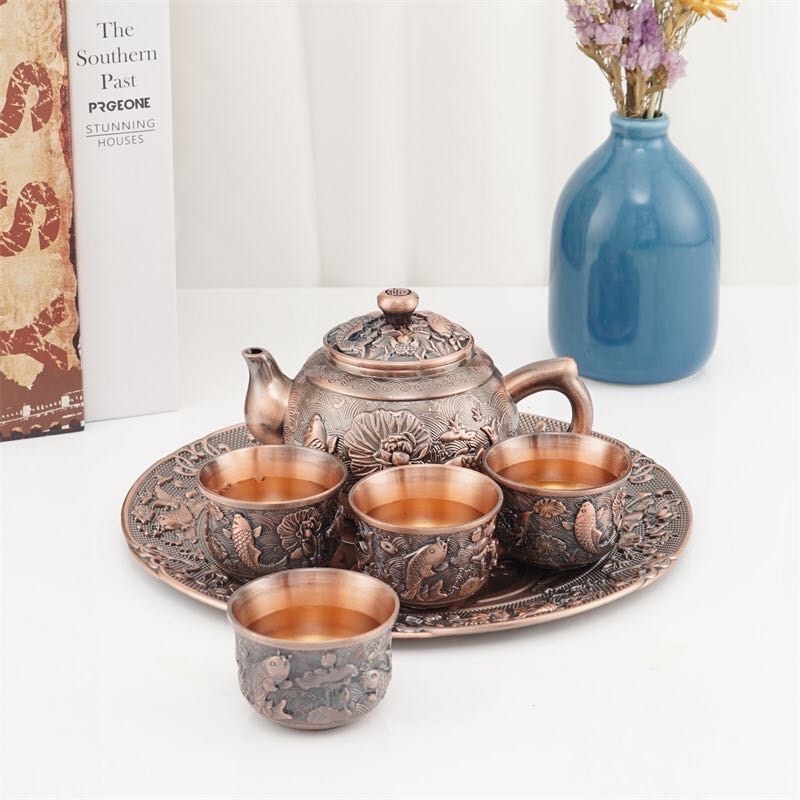 fish rose gold tea set with tray,Luxury Turkish Table Tea Set 4 Cups,Red Bronze Vintage Coffee set Wine Set Tea Pot