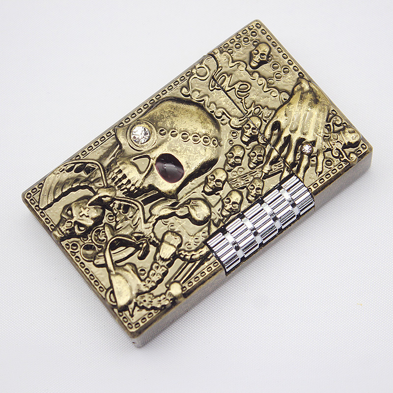 square lattice bright side grinding wheel metal fire cigarette skull refill lighter