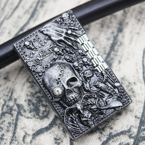 square lattice bright side grinding wheel metal fire cigarette skull refill lighter