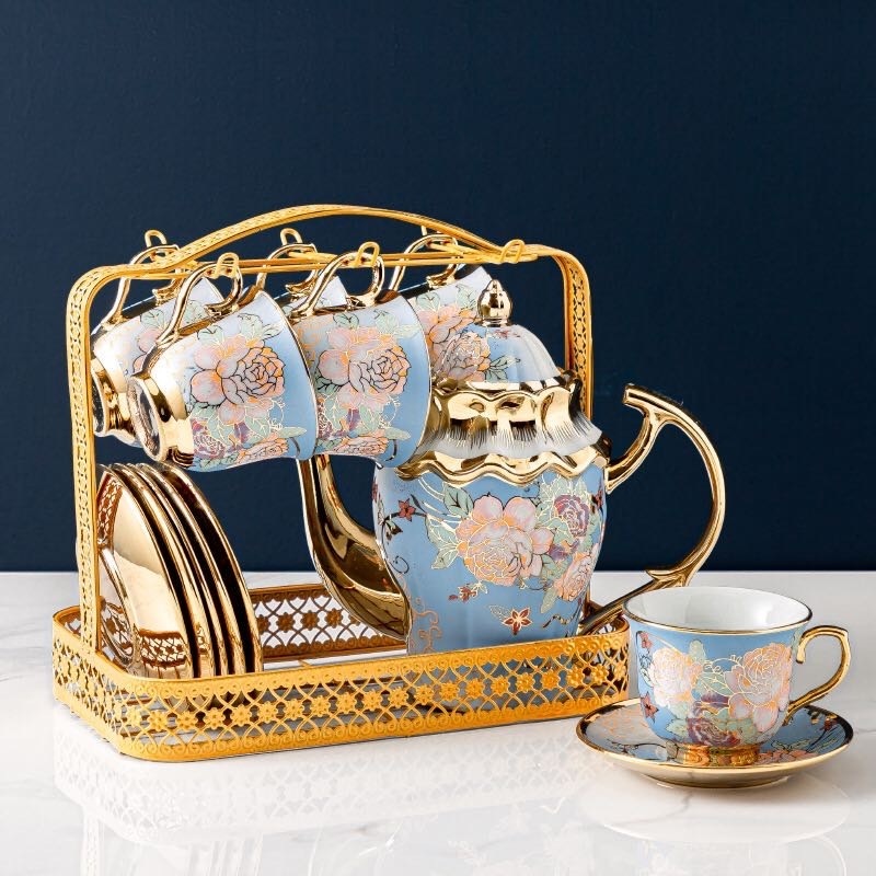 Gold Rimmed Arabic Europe English Turkish Afternoon Ceramic Coffee Tea Cup Luxury Tea Pot Set 13 Piece Set