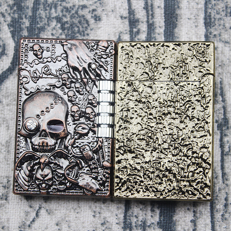 square lattice bright side grinding wheel metal fire cigarette skull refill lighter