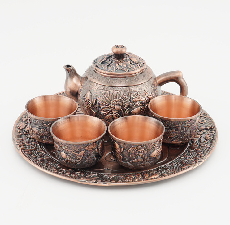 fish rose gold tea set with tray,Luxury Turkish Table Tea Set 4 Cups,Red Bronze Vintage Coffee set Wine Set Tea Pot