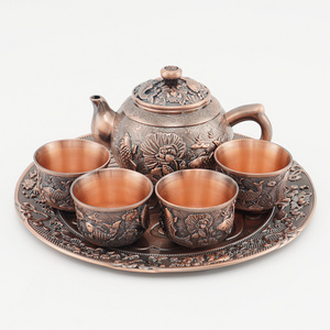 fish rose gold tea set with tray,Luxury Turkish Table Tea Set 4 Cups,Red Bronze Vintage Coffee set Wine Set Tea Pot