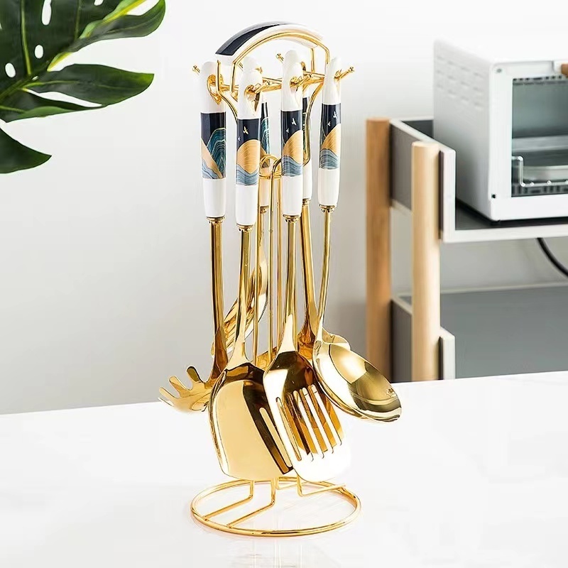 stainless steel  gold kitchen cooking non stick utensils set Creative Marble Pattern Ceramic Handle Stainless Steel Kitchenware