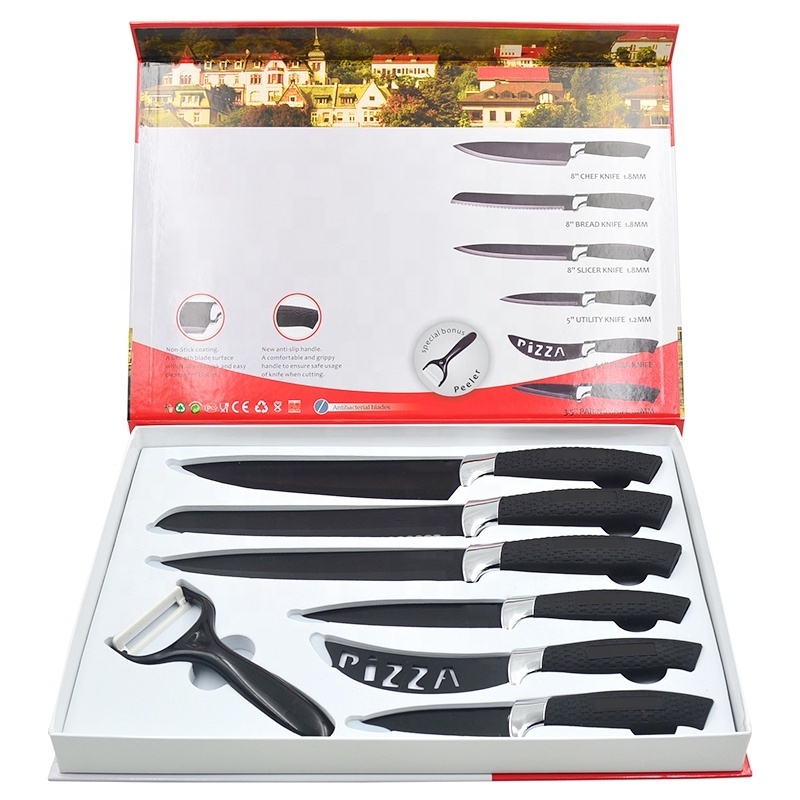 Professional 7 pcs with pp handle black non-stick coating stainless steel kitchen knife set with cover