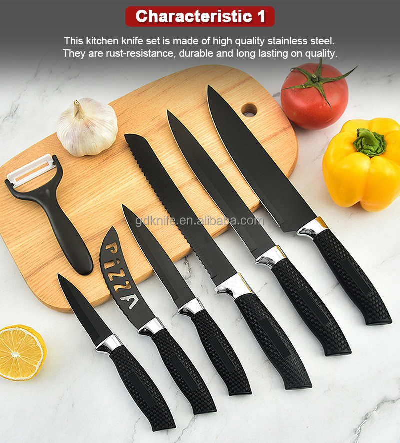 Professional 7 pcs with pp handle black non-stick coating stainless steel kitchen knife set with cover