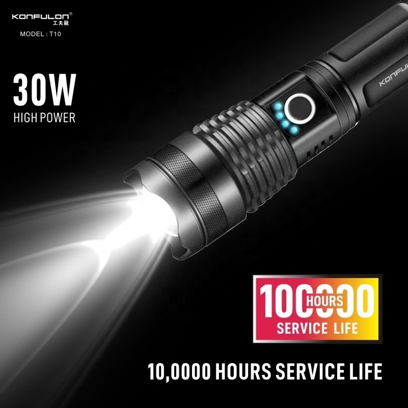 Konfulon New Releases 2024 Waterproof 2200mAh USB Rechargeable Flashlight 30W Most Powerful Portable LED Flashlight Outdoor