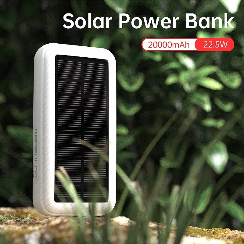 Konfulon Top Selling Solar Portable Power Bank 20000mah USB QC3.0 22.5W Max Type C 20W PD Solar Power Bank Built-in Phone Holder