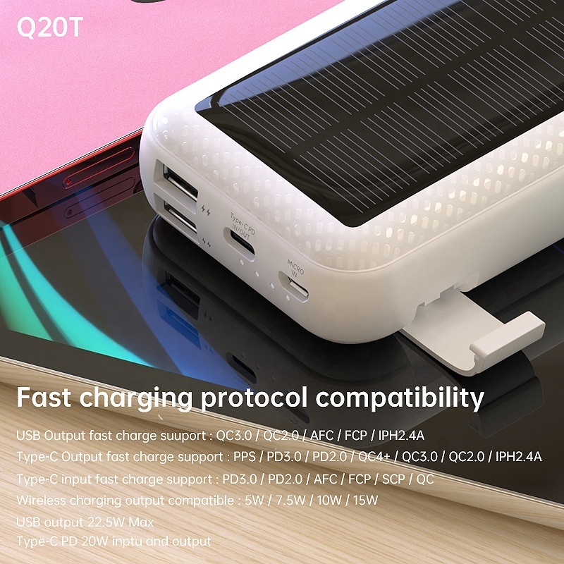 Konfulon Top Selling Solar Portable Power Bank 20000mah USB QC3.0 22.5W Max Type C 20W PD Solar Power Bank Built-in Phone Holder