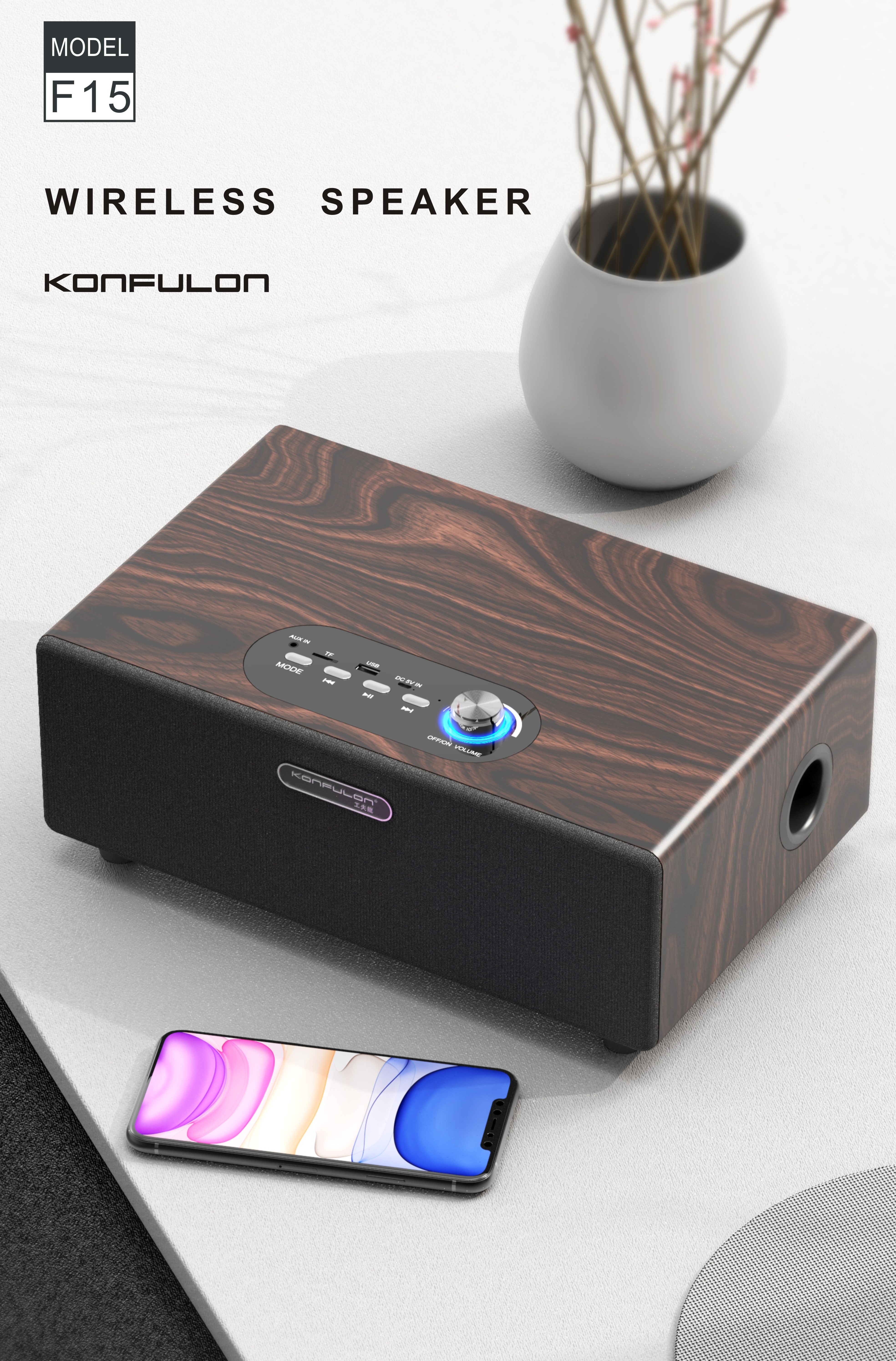 Konfulon Wooden Wireless V5.0 Home Speakers Sound Box 15W  Louder Volume Wireless Stereo Speaker for Home, Party, Camping