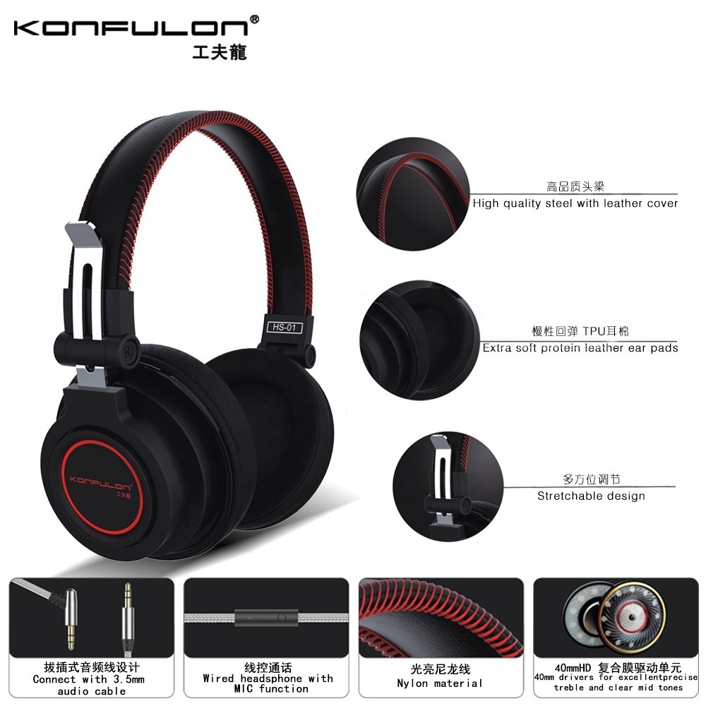 Konfulon 2022 Leather 1M Noise-cancelling Over-ear Wireless Headphones Wire Headset Super Bass Headphone for PC Mobile Phones