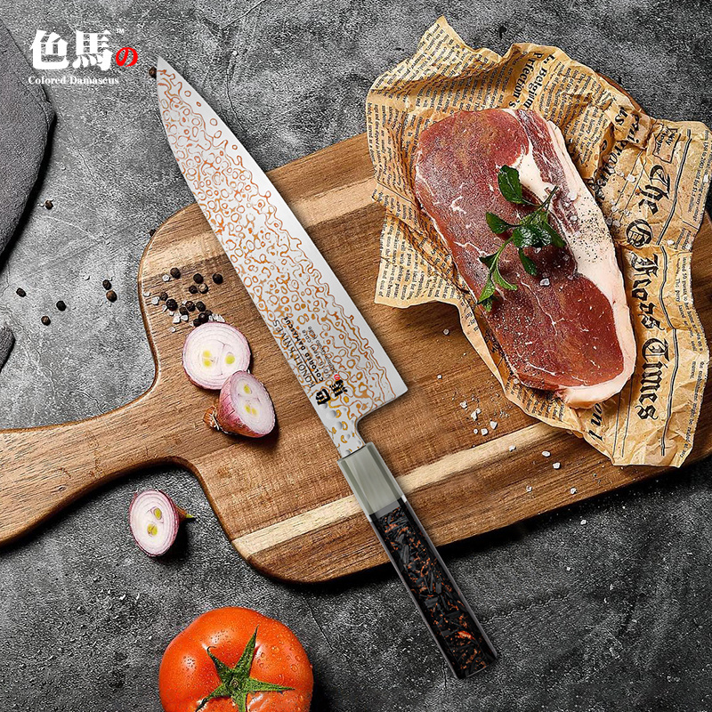 240MM Gyuto Knife High-end 67 Layers Copper Damascus Steel Kitchen Knife VG-10 Core with Buffalo Horn Carbon Fiber Copper Handle