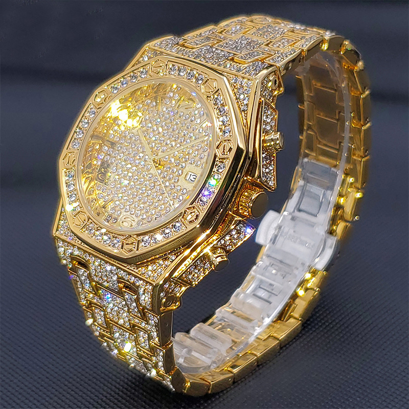 Customized Mens 18K Gold Plated Luxury Hip Hop Cuban Diamond Moissanite Simulants Iced Out Watch