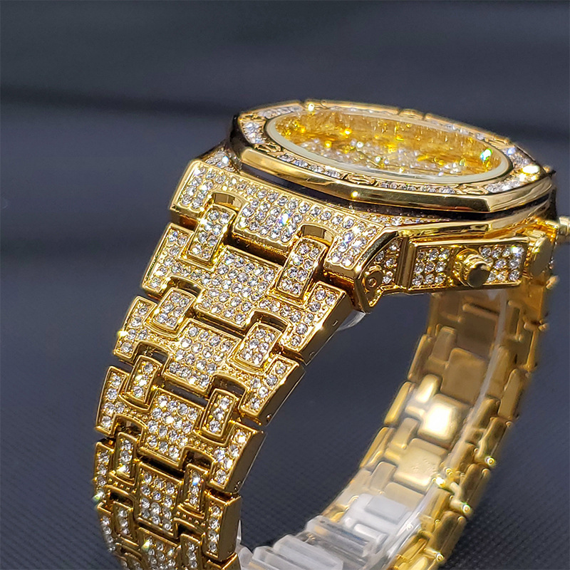 Customized Mens 18K Gold Plated Luxury Hip Hop Cuban Diamond Moissanite Simulants Iced Out Watch