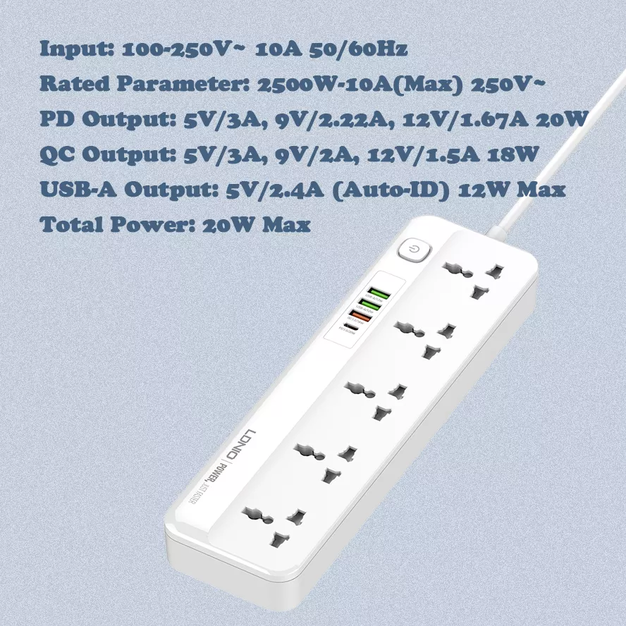 LDNIO SC5415 Power Strip 4 USB Port and Switch Button Extension Power Socket 2500 W 5 OUTLETS Total 20 W