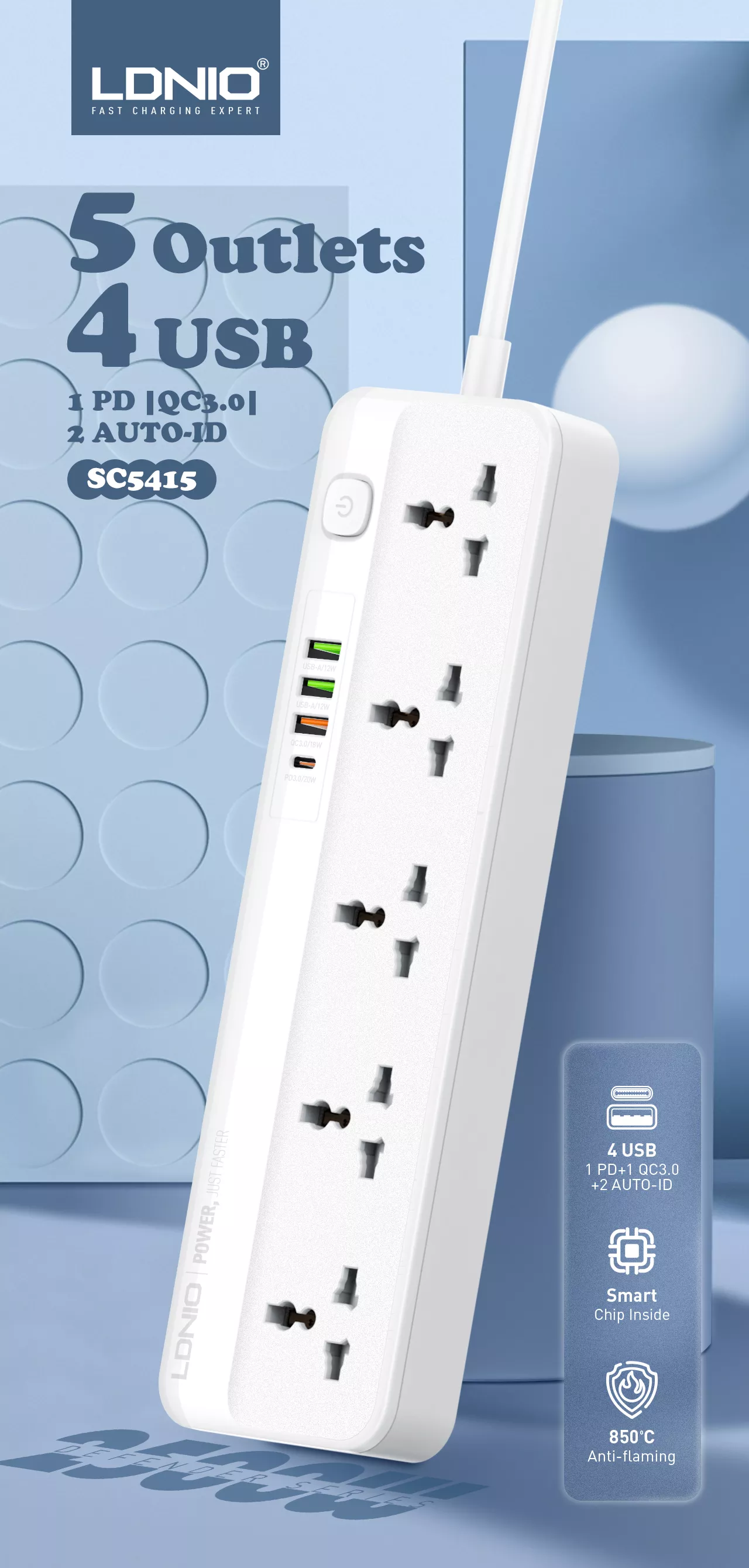 LDNIO SC5415 Power Strip 4 USB Port and Switch Button Extension Power Socket 2500 W 5 OUTLETS Total 20 W