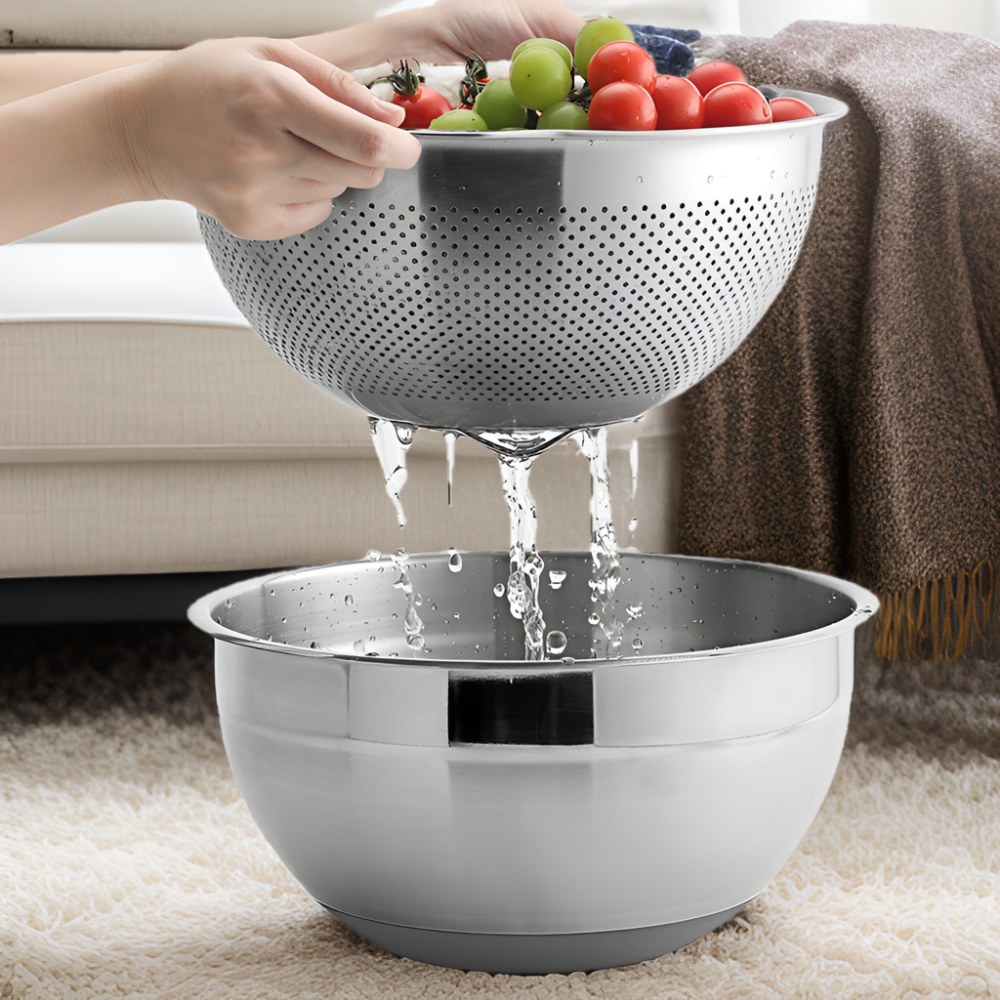 Custom Premium Vegetable Salad Spinner  Bowl Stainless Steel Fruit Salad Mixing Bowl with Drain Basket Colander