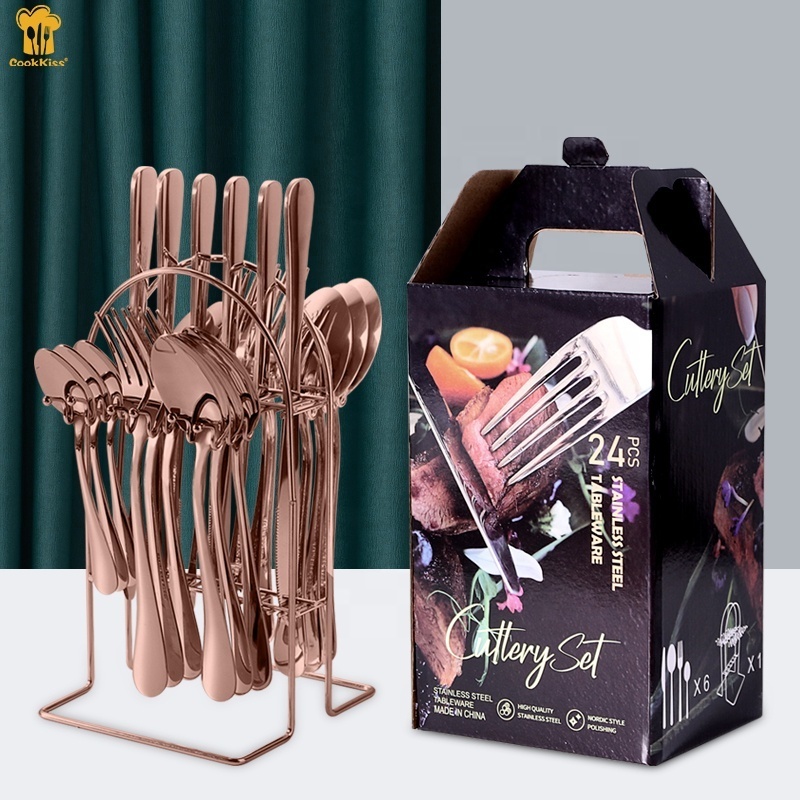 Stainless Steel Restaurant Luxury Silver Wedding Dinner Flatware Knife Fork Spoon 24pcs Gold Flatware Cutlery Set With Rack