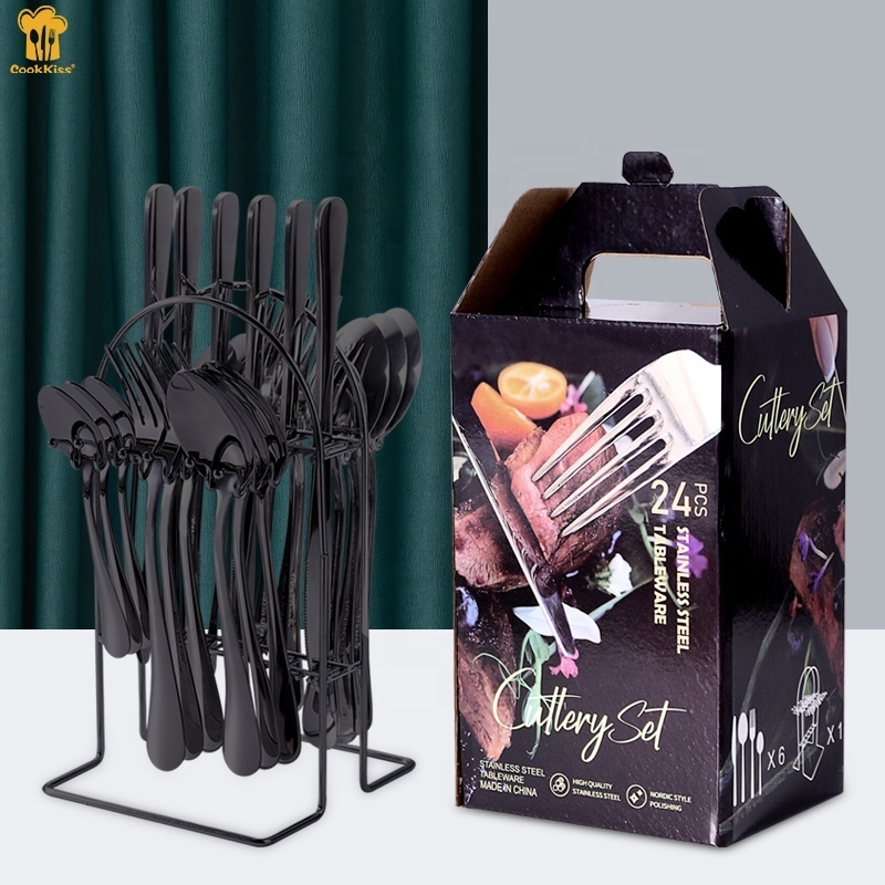 Wedding Gift 24 Pieces Knife Spoon Fork Sets Matt Black Gold Rose Gold Plated Stainless Steel Flatware Cutlery Sets With Holder