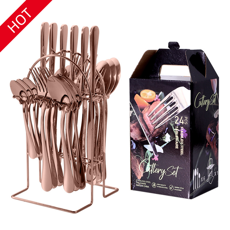 Stainless Steel Restaurant Luxury Silver Wedding Dinner Flatware Knife Fork Spoon 24pcs Gold Flatware Cutlery Set With Rack